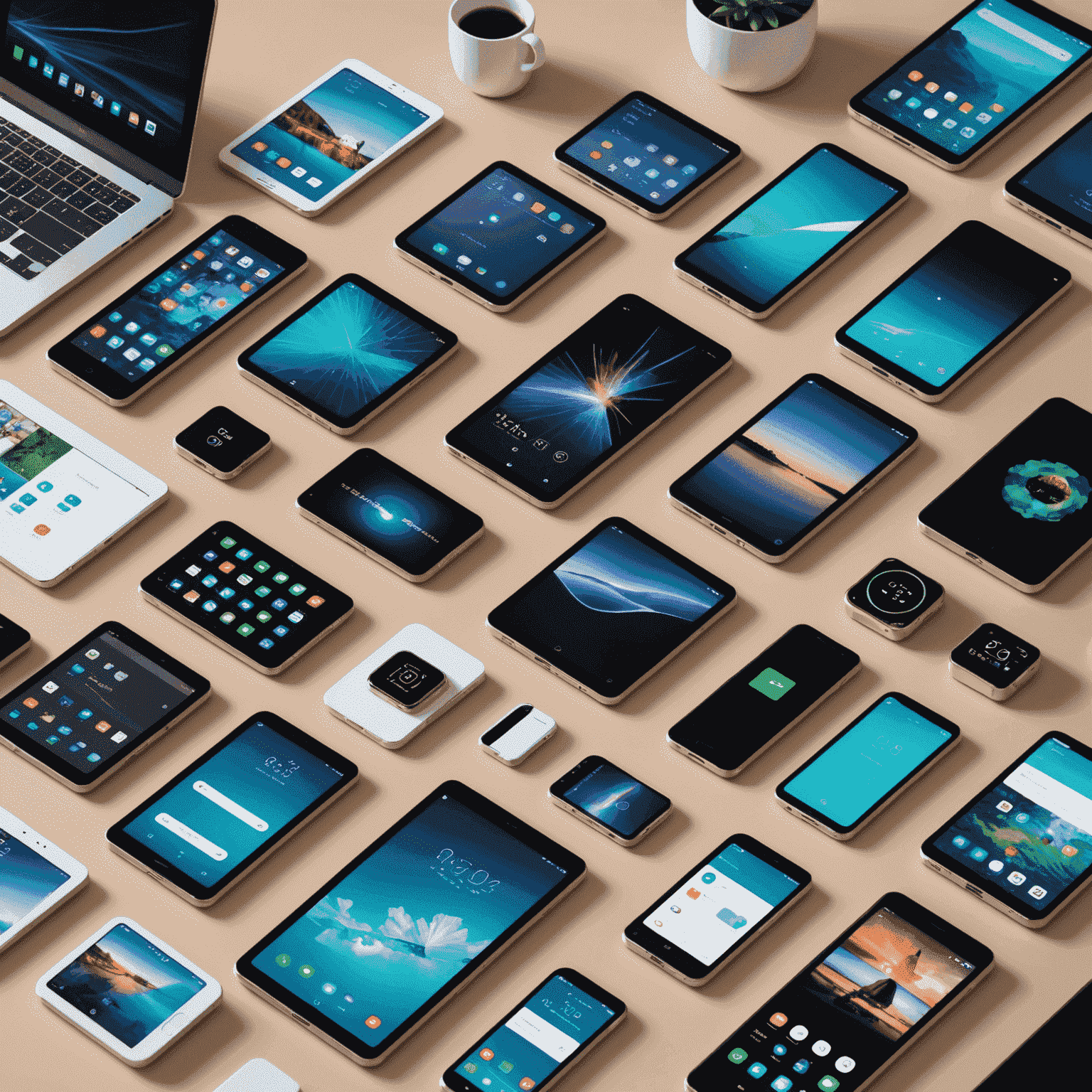 A collage of innovative mobile devices, including foldable smartphones and 5G-enabled tablets, showcasing cutting-edge technology advancements in the mobile industry