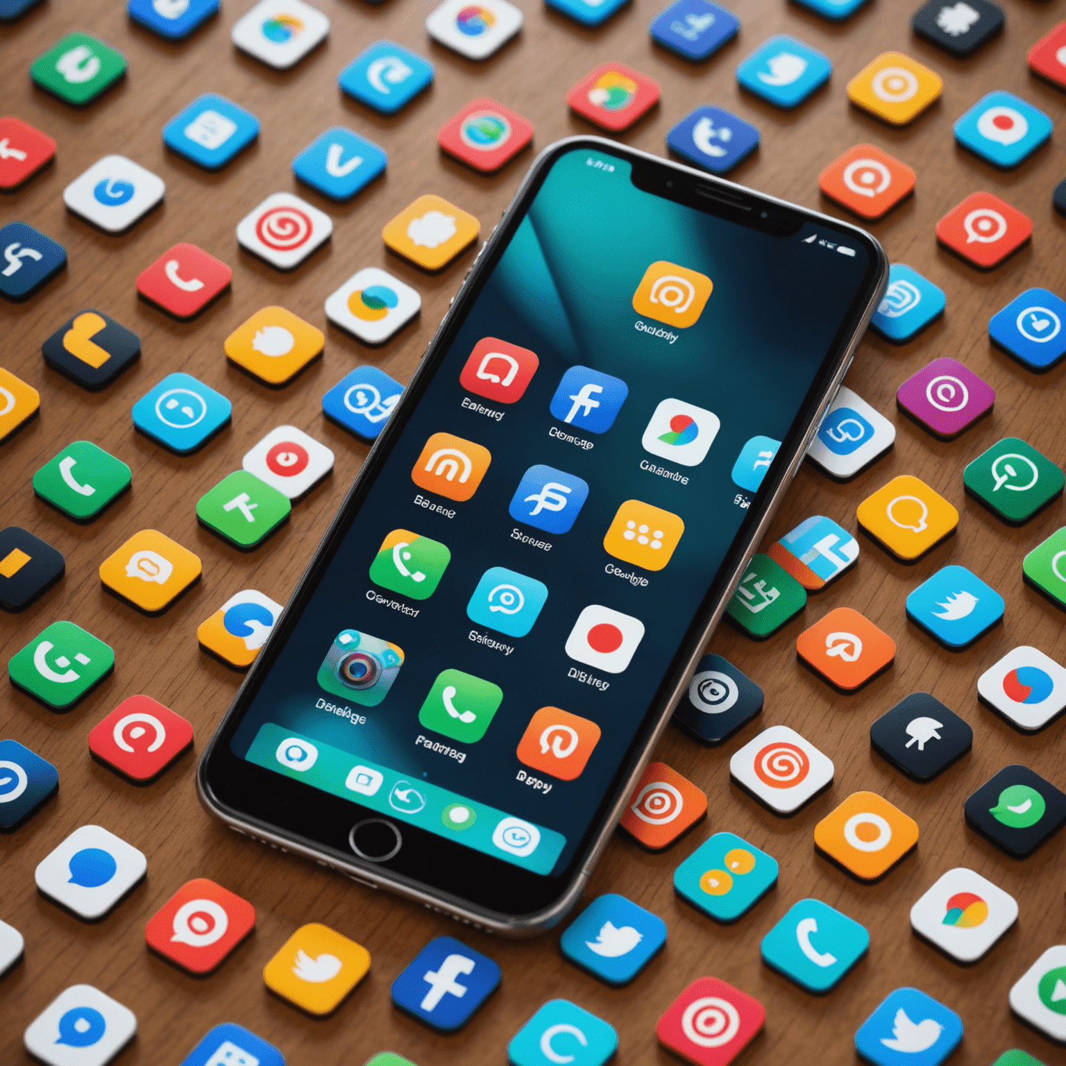 Collage of popular mobile apps icons floating above a smartphone screen, showcasing diversity in app categories
