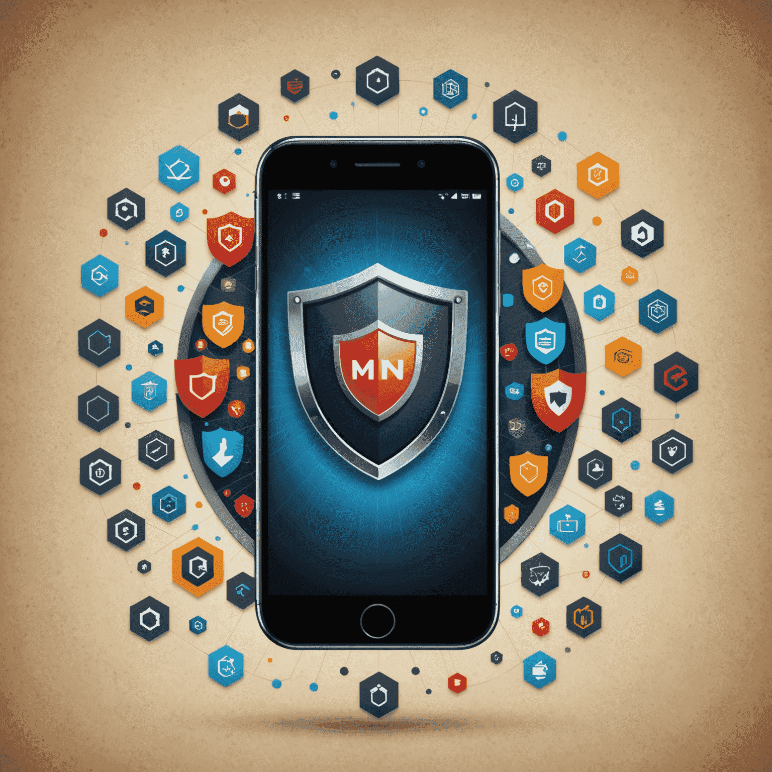 A smartphone with a shield icon overlaid, symbolizing mobile security protection. The background shows various mobile threats like malware and phishing attempts.