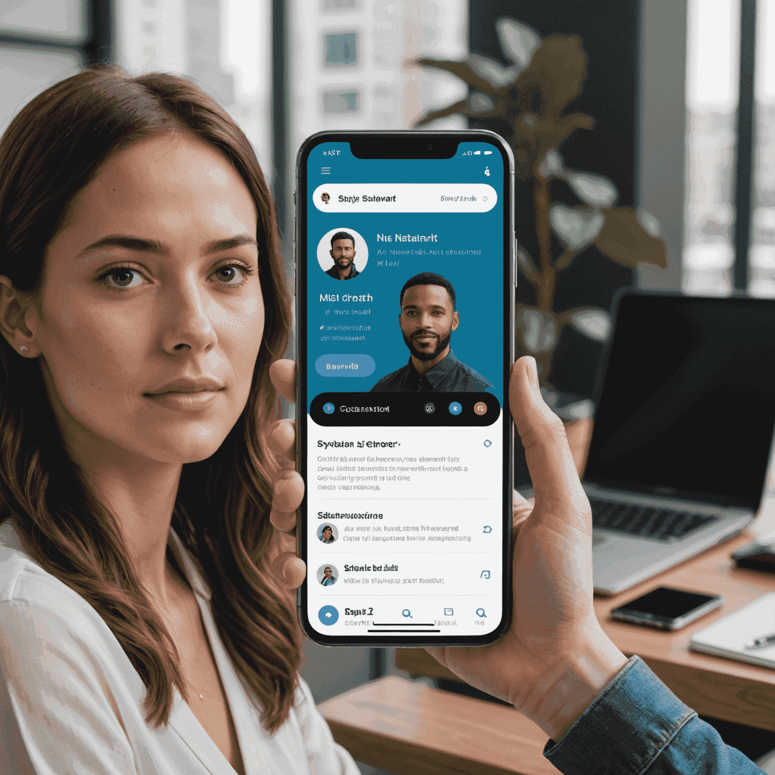Split screen showing an AI-powered virtual assistant interface on one side and a personalized content feed on the other, both on smartphone screens