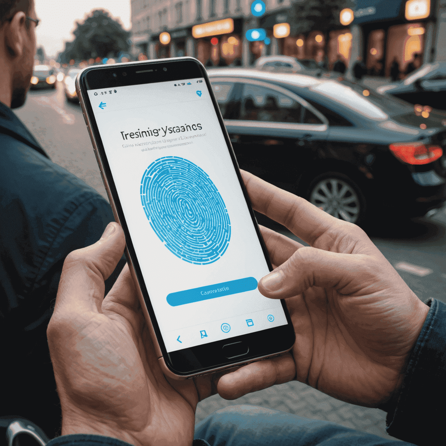 A person using a smartphone with visible security features like fingerprint scanning and encrypted messaging, showcasing the integration of security in modern mobile communication.
