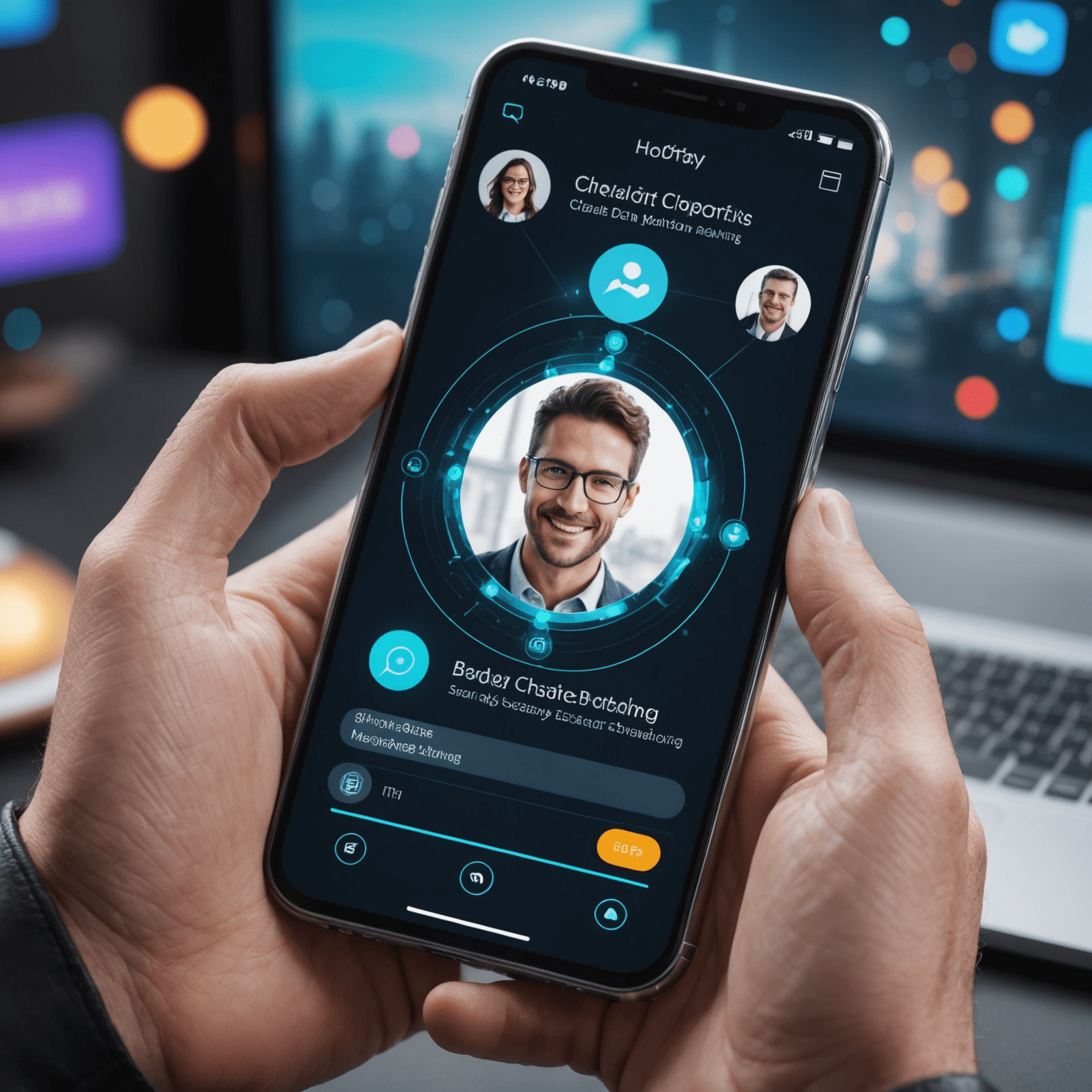 Futuristic mobile communication app interface showing holographic video call, secure messaging, and file sharing options